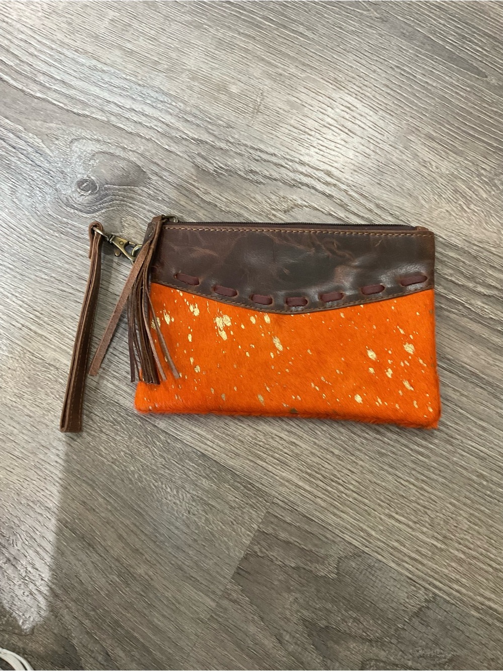Orange Speckled Leather and Hair-On Wristlet